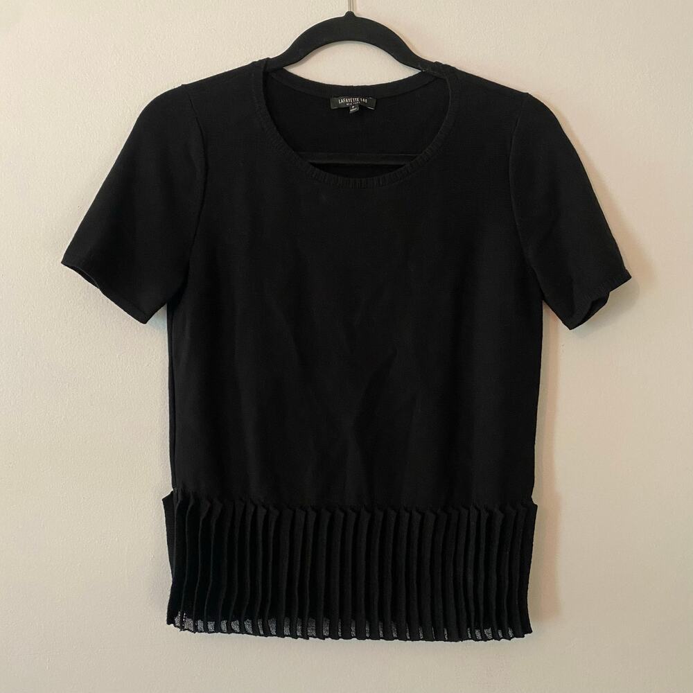Lafayette 148 New York Black Short Sleeve Sweater Shirt Ruffle Hem Women P / XS